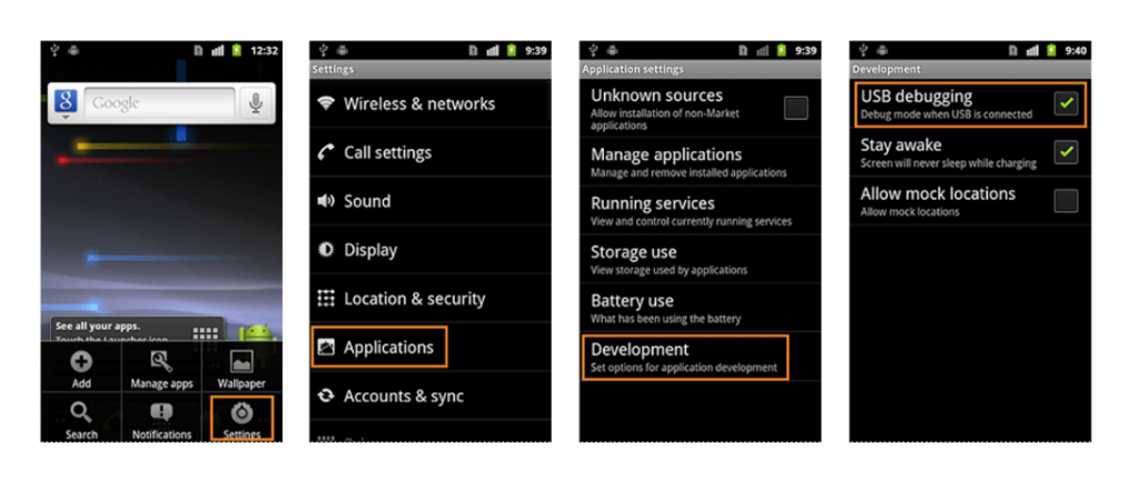 فعال کردن USB Debugging در اندروید جینجربرد (2.3 تا 2.3.7)