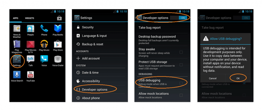 فعال کردن USB Debugging در اندروید بستنی حصیری و جلی بین (4 تا 4.1.2)